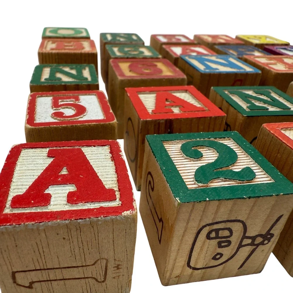 Vintage Wooden Alphabet Blocks Set Carved Letters‎ Numbers Animals 1.2
